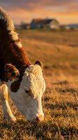 Hereford cow grazing on golden pasture at sunset, rustic farmhouse in background, warm evening light over rural countryside landscape.