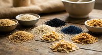 Assorted organic grains and seeds scattered on rustic wooden table with bowls, featuring quinoa, lentils, sesame seeds for healthy cooking and nutrition.