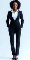 Young African American businesswoman in classic black suit and white shirt standing confidently against light background, natural curly hair styled professionally.