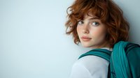 Young woman with natural red curly hair and freckles wearing white top and turquoise backpack looking thoughtfully against light wall. Student lifestyle portrait.