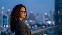 Young woman with long curly dark hair and glasses gazing at illuminated city skyline at dusk from high vantage point, suitable for business, lifestyle, and aspirational content.