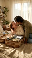 Young couple planning travel together, man leaning over woman's shoulder while packing vintage suitcase in bright bedroom. Romantic moment capturing vacation preparation and relationship bonding.