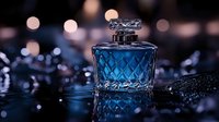 Elegant blue glass perfume bottle with diamond pattern texture on dark reflective surface with water drops and bokeh lights creating luxury atmosphere.
