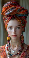 Young woman wearing vibrant orange and red patterned turban headwrap with ethnic jewelry, beaded necklaces and decorative earrings against soft background. Blue eyes and natural makeup.