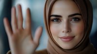 Young Muslim woman in beige hijab waving hello with raised hand, smiling warmly at camera with natural makeup and friendly expression for greeting concepts.