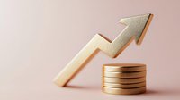 Golden arrow pointing upward with stack of coins showing financial growth and investment success concept on soft pink background. Suitable for business presentations.