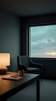 Minimalist workspace with black armchair, wooden desk, warm lamp, and large window overlooking cloudy sky. Interior design for modern office, home workspace, or contemporary room styling.