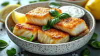 Pan seared scallops with golden crust served in ceramic bowl with fresh basil, lemon wedges and creamy sauce. Close up view of seafood appetizer.