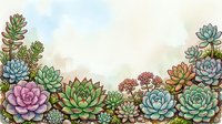 Watercolor succulent garden border with colorful echeveria, jade plants and desert flora on soft pastel background for botanical design projects.