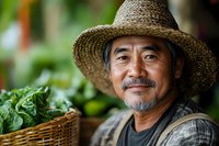 Mature Asian male farmer with straw hat and gray beard smiling while standing next to fresh harvested vegetables in wicker basket at local organic market.