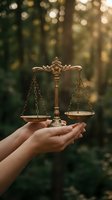 Hands holding ornate brass scales of justice in natural forest setting with warm golden sunlight and bokeh background for legal and environmental concepts.