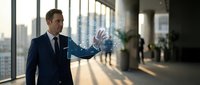 Professional businessman in dark suit interacting with holographic digital interface in modern office lobby with city skyline view through windows.