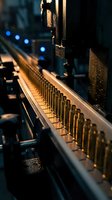 Industrial manufacturing equipment with precision metal components and warm lighting for technology and automation concepts.