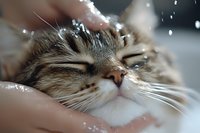 Close-up of relaxed tabby cat getting washed with water droplets splashing around, showing peaceful expression during grooming bath time routine.