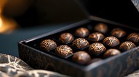 Dark chocolate truffles with elegant gold patterns arranged in luxury gift box, selective focus on handcrafted gourmet confectionery against dark background.