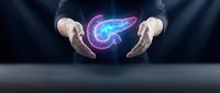 Businessman hands protecting glowing pancreas organ with digital healthcare technology concept for medical insurance and organ protection services.