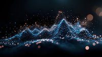Glowing blue particle wave visualization with sparkles and bokeh effects on dark background, digital data analytics representation for business charts.