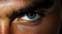 Close-up macro shot of intense green eye with long eyelashes against dark skin tone, showing fine details of iris and natural beauty in dramatic lighting.