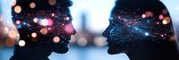 Double exposure silhouettes of faces with glowing bokeh lights and starry cosmic effects overlaid, creating dreamy romantic atmosphere against city backdrop.
