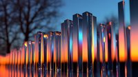 Luminous glass pillars reflecting sunset colors against dark blue sky, creating mesmerizing mirror effect with gradient from orange to blue. Abstract architectural art.