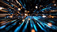 Dynamic light trails and glowing particles create futuristic speed effect with blue and orange streaks radiating from center point against dark background.
