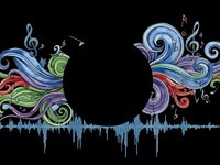 Colorful musical waves with treble clefs and notes flowing around black circle on dark background with sound waveform below for audio design projects.