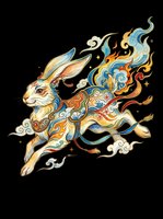 Colorful mythical rabbit in traditional Asian art style, leaping with swirling flames and clouds, isolated on transparent background, ready for stickers, t-shirt design, and print on demand.