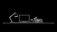 Minimalist line art workspace with desk lamp, computer monitor, books and office supplies on black background for modern design projects.