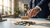 Business professional placing wooden block labeled LEADS over colorful scattered tokens on office desk representing lead generation strategy.