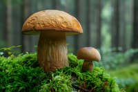Edible porcini mushrooms growing on green moss in forest, large and small specimens with brown caps and thick stems.