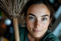 Young Caucasian woman with bright blue eyes and natural makeup wearing green sweater smiles warmly at camera, close-up portrait with soft bokeh background.