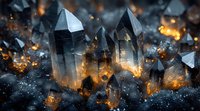 Mystical dark crystals with glowing orange light effects against black background, dramatic mineral formation with smoky atmosphere and sparkling elements.