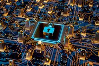 Glowing blue padlock icon on computer processor chip surrounded by circuit board pathways and electronic components illustrates cybersecurity and data protection concept.
