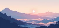 Tranquil mountain landscape at sunrise with layered peaks, misty valleys, and pine forest silhouettes in purple and pink tones, creating serene panoramic scenery.