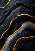 Abstract dark waves with golden lines and sparkles on black background, luxury marble texture pattern for modern interior design and wallpaper.