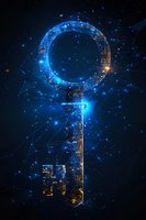 Glowing digital key surrounded by network connections and particles on dark background with blue light effects and constellation patterns.