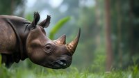 Side profile of rhinoceros with two small birds perched on back against green forest background, showing symbiotic relationship in natural habitat.