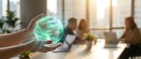 Businesswoman holding glowing green energy sphere in modern office representing sustainability and eco-friendly corporate solutions for environmental innovation.
