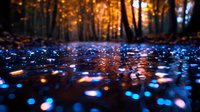 Magical forest ground with glowing blue bokeh raindrops reflecting golden sunset light through autumn trees, creating dreamy nature atmosphere for background designs.