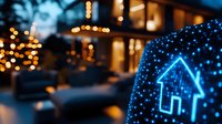 Glowing blue holographic house icon against blurred evening cityscape with bokeh lights, representing smart home technology and digital real estate solutions.
