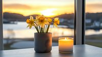 Yellow daffodils in gray ceramic vase next to glowing candle on windowsill at sunset, creating cozy atmosphere with mountain lake view in background.