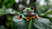 Red-eyed tree frog perched on large green leaf in tropical rainforest setting, vibrant orange feet and bright eyes against blurred natural background.