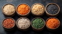 Various dried legumes and pulses in wooden bowls on dark background, including red lentils, black beans, chickpeas, green peas, and white beans arranged in rows.