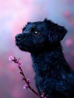 Black terrier mix puppy with bright blue eyes looking up at pink cherry blossom branch against soft pink and blue bokeh background, creating magical spring mood.