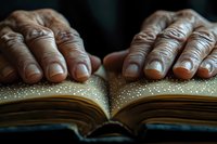 Weathered hands rest on open magical book with glowing golden pages and sparkling dust, creating mystical reading atmosphere in dark setting.