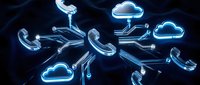 Glowing neon cloud computing network with phone icons and data connections on dark background for technology and communication concepts.