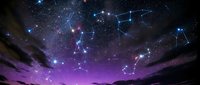 Starry night sky with constellation patterns and purple aurora glow over mountain silhouettes for astronomy and space themed designs.
