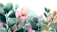 Watercolor botanical composition with translucent green leaves and delicate pink flowers on white background, creating soft ethereal garden effect.