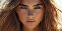 Young woman with sun-kissed skin, freckles, and striking blue eyes gazes directly at camera in warm natural lighting, her honey-blonde hair flowing in gentle breeze.