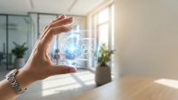 Close-up of hand holding transparent digital tablet displaying holographic interface with glowing data visualization in modern office space with natural light.
